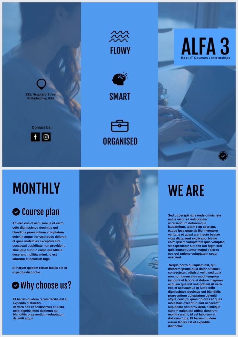 Blaue Broschürenvorlage & Design (dreifach gefalzt)