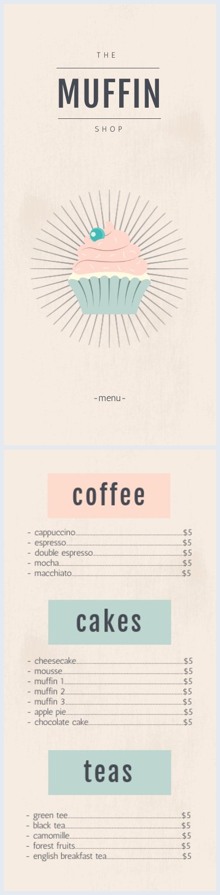 Modello e design per menù di pasticceria