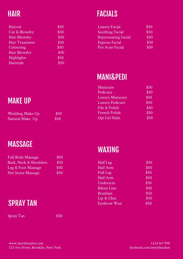 Beauty Salon Price List Template - Flipsnack