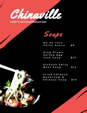 Modello di menù per ristorante cinese