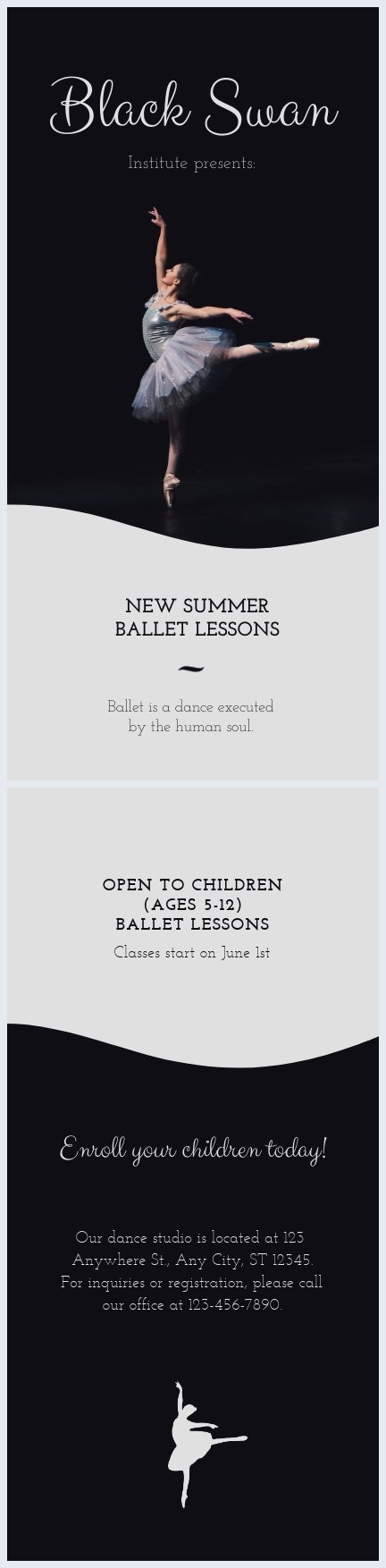 Modello elegante di volantino per studio di danza