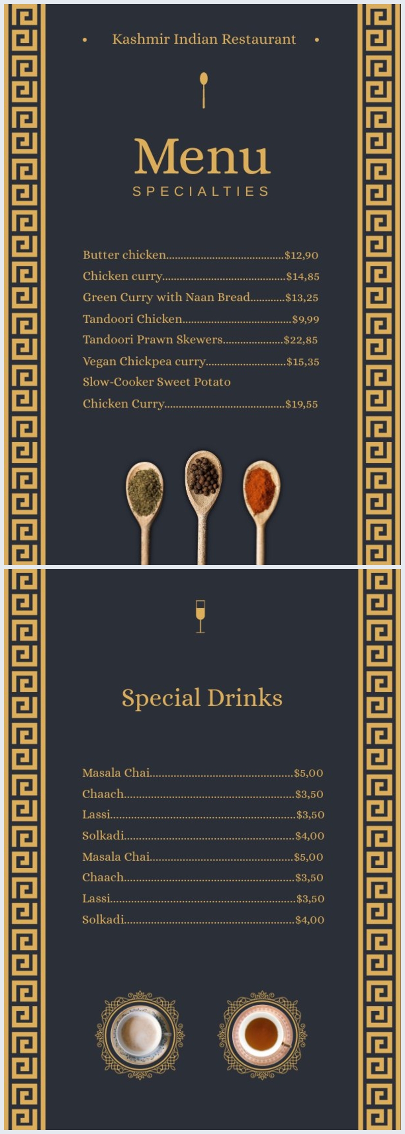 Indian Restaurant Menu Card Samples