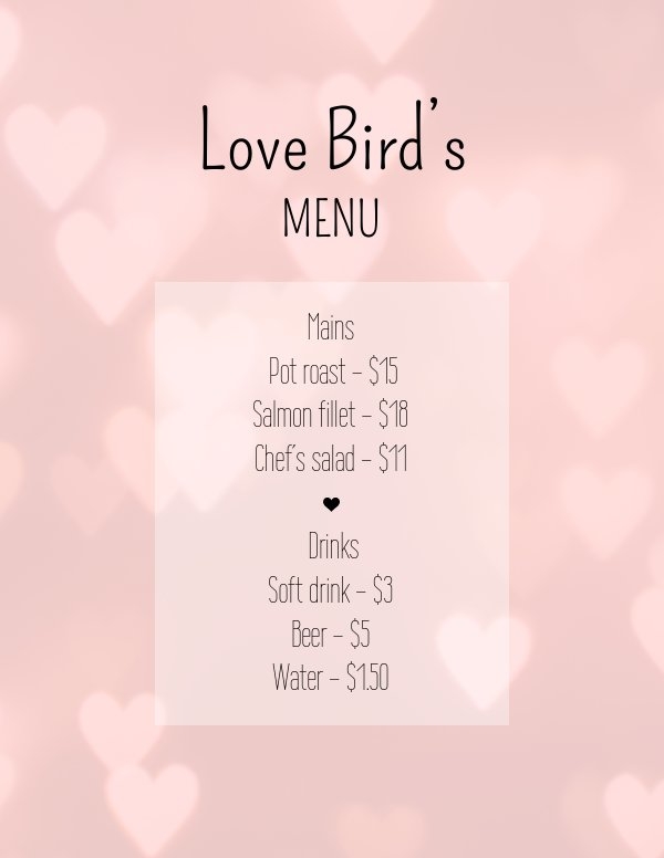 Modello gratuito per menù di San Valentino