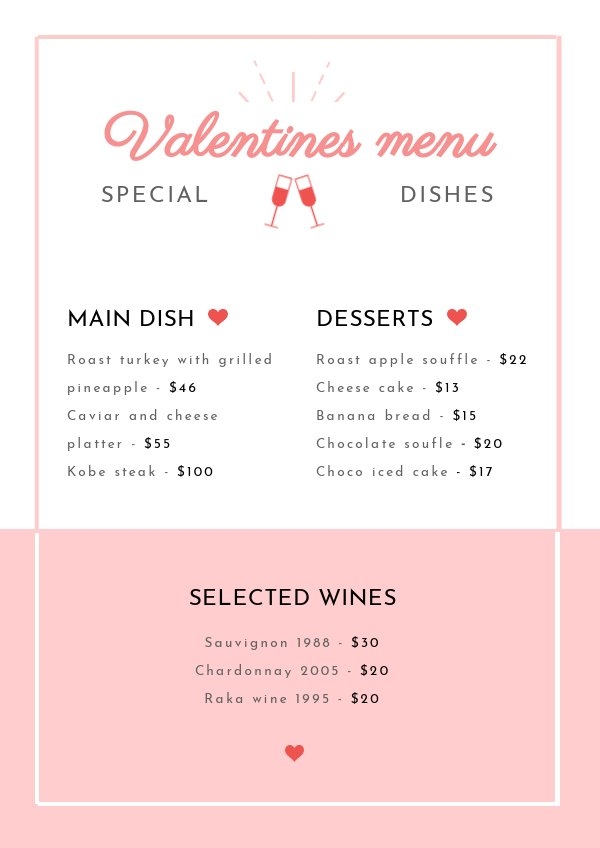 Speisekartenvorlage zum Valentinstag