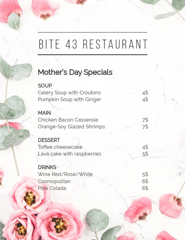 Elegant Mother S Day Menu Template Flipsnack