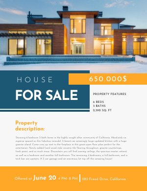 Faites-vous remarquer dans le monde de l'immobilier en profitant de cet exemple de flyer immobilier imprimable de Flipsnack. Il est gratuit et facile à utiliser ! Il suffit de le faire glisser et de le déposer dans notre studio de design pour que le processus de création commence ! Parcourez notre vaste bibliothèque d'images et choisissez parmi une large gamme de couleurs et de polices pour ajouter de la créativité à votre mise en page. N'oubliez pas de télécharger des photos de haute qualité qui mettent le mieux en valeur votre propriété. Une fois que vous êtes satisfait du résultat final, téléchargez-le au format PDF prêt à l'impression et envoyez-le directement à votre imprimerie locale. Commencez !