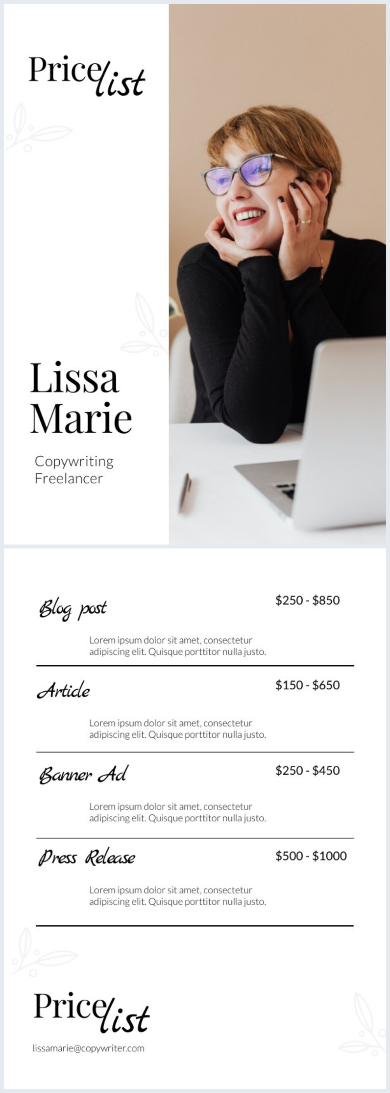 Exemplo de Design de Lista de Preços do Copywriter