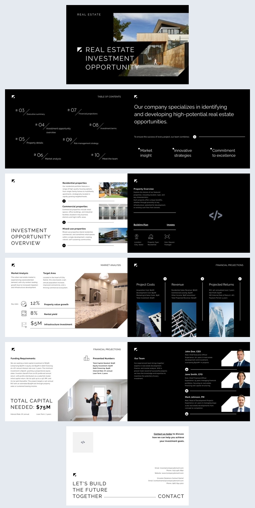 Ideia de design para modelo de pitch deck imobiliário