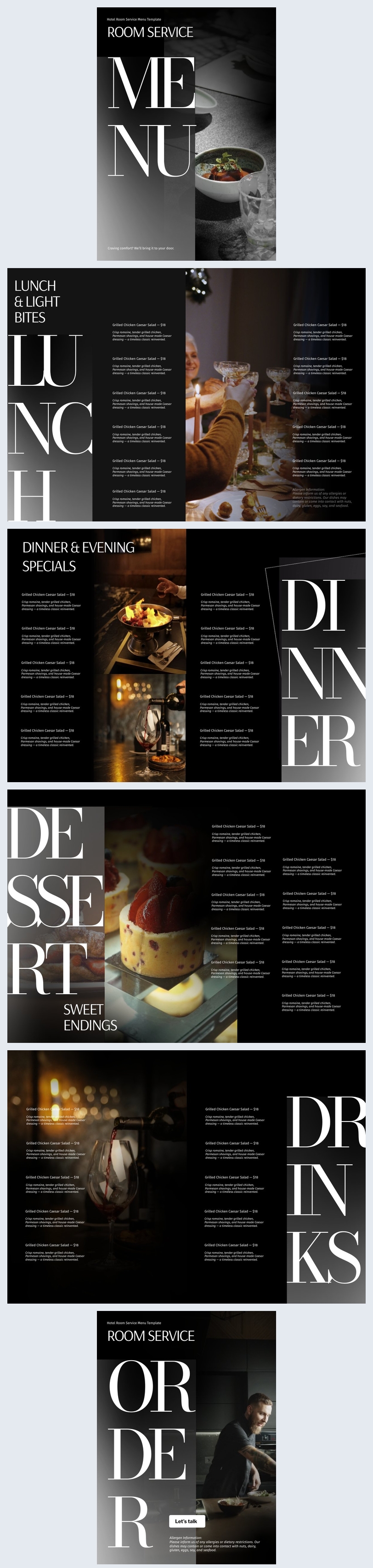 Design de cardápio de serviço de quarto de hotel